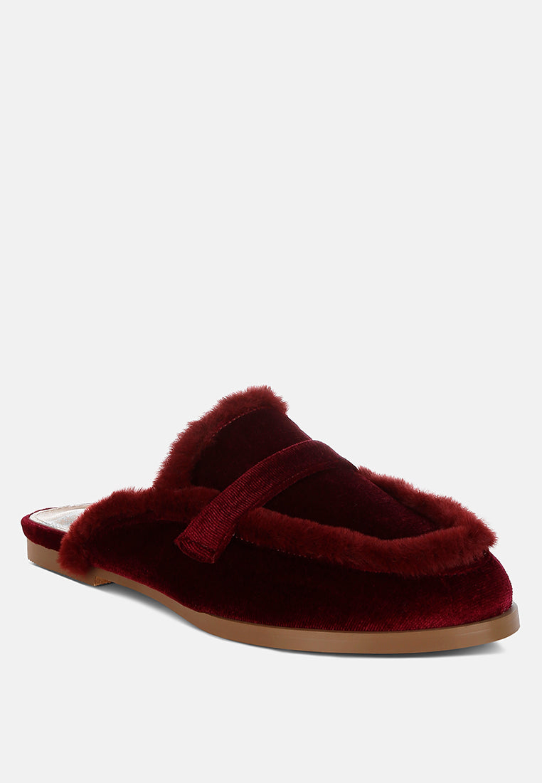 mules fur detail velvet slip-on mules#color_burgundy