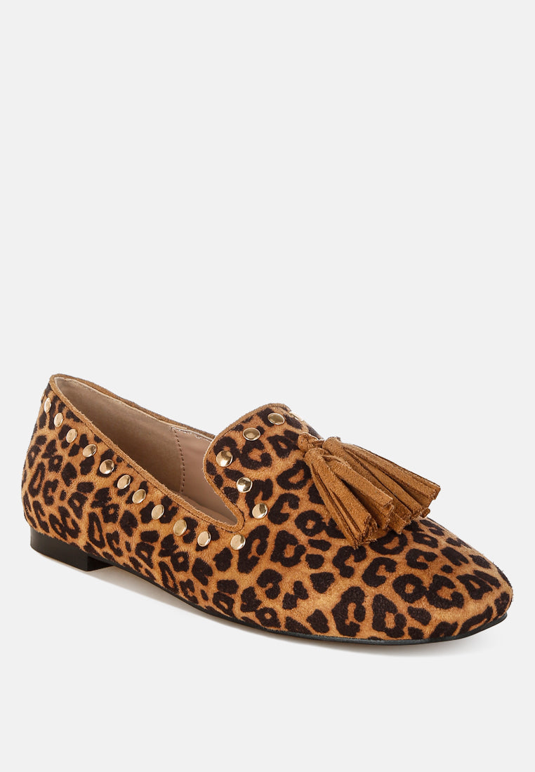 niloha studs & tassels detail leopard loafers#color_leopard
