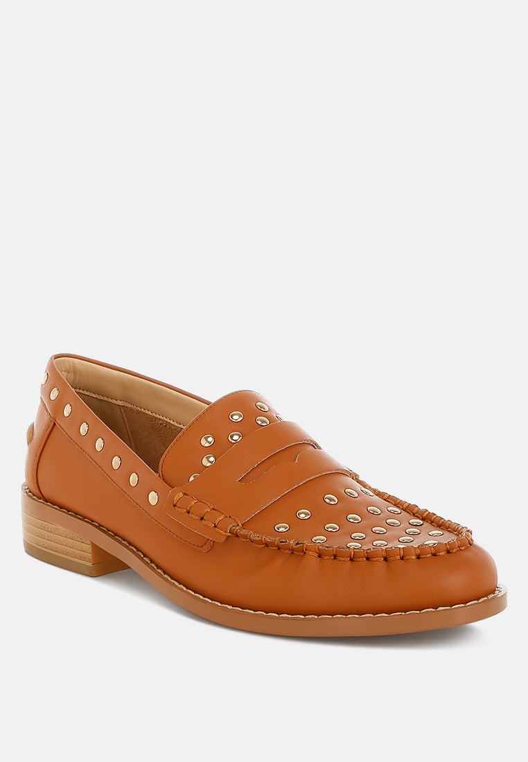 oglavia studs embellished leather loafers#color_tan