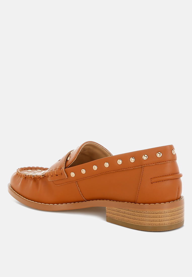 oglavia studs embellished leather loafers#color_tan