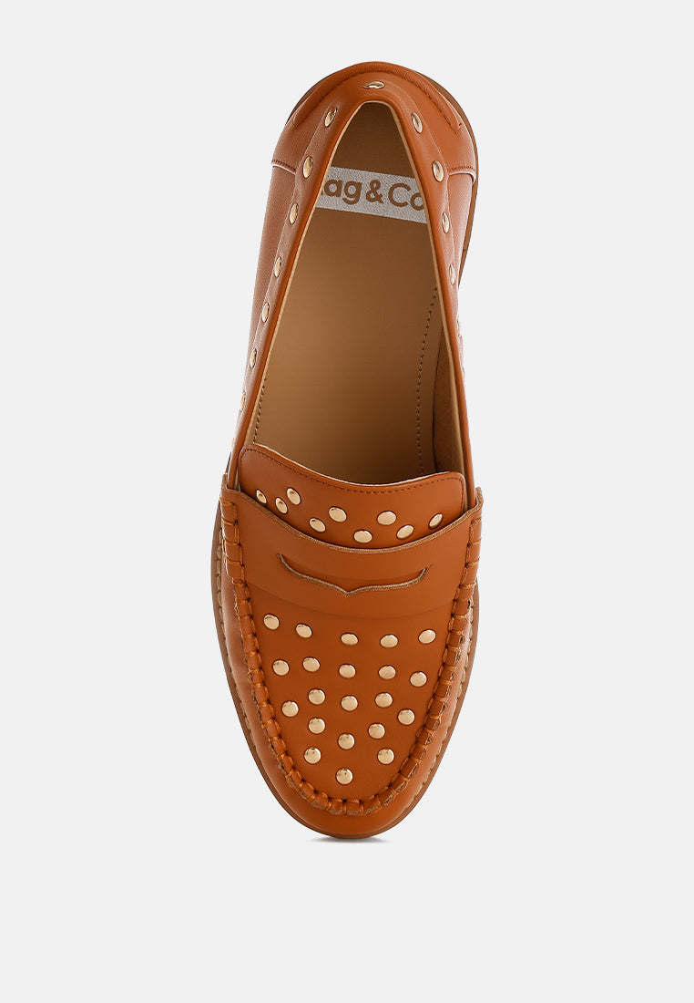 oglavia studs embellished leather loafers#color_tan