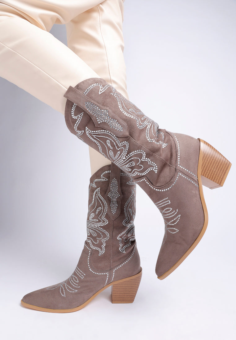 latafa rhinestones embellished cowboy boots#color_taupe