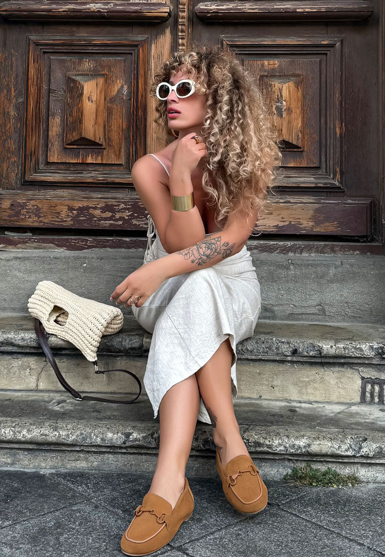 awen monochromatic horsebit real suede loafers#color_tan