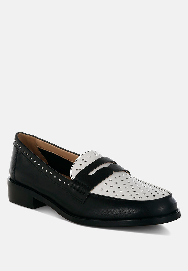 raisa stud embellished penny loafers#color_black off white