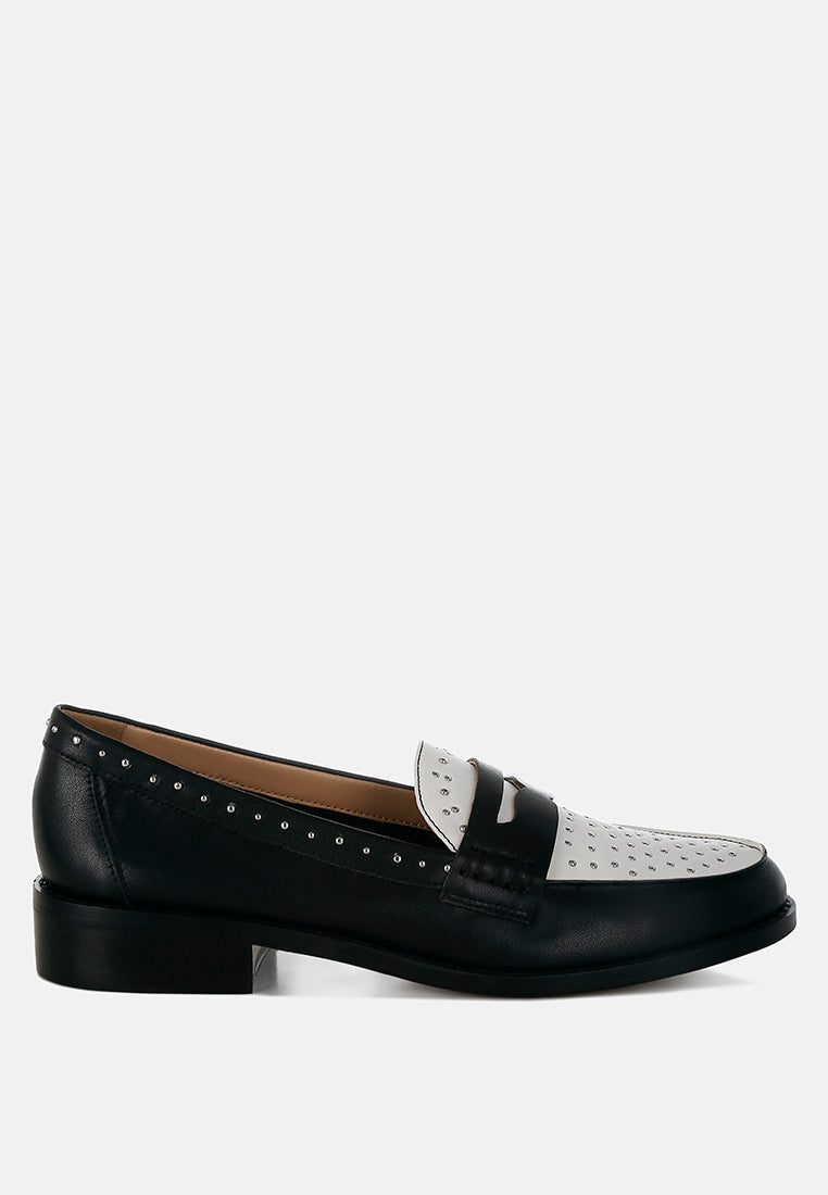 raisa stud embellished penny loafers#color_black off white