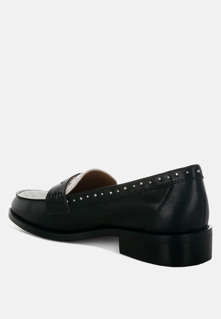 raisa stud embellished penny loafers#color_black off white