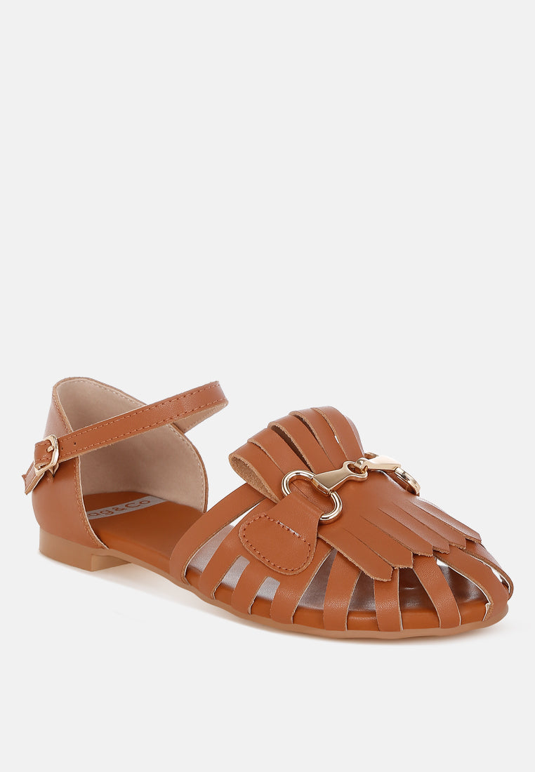 ramita horsebit fringe flat sandals#color_tan