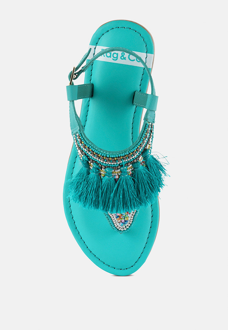 risha genuine leather tassel sandals#color_green