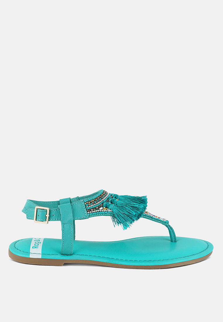 risha genuine leather tassel sandals#color_green