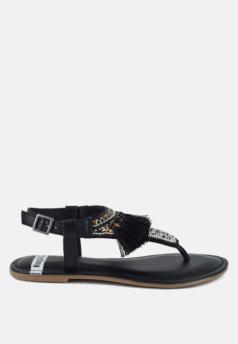 risha genuine leather tassel sandals#color_black