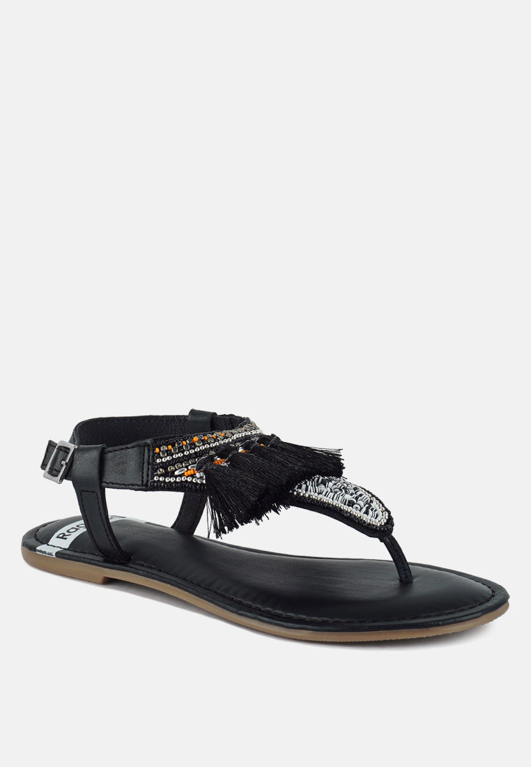 risha genuine leather tassel sandals#color_black