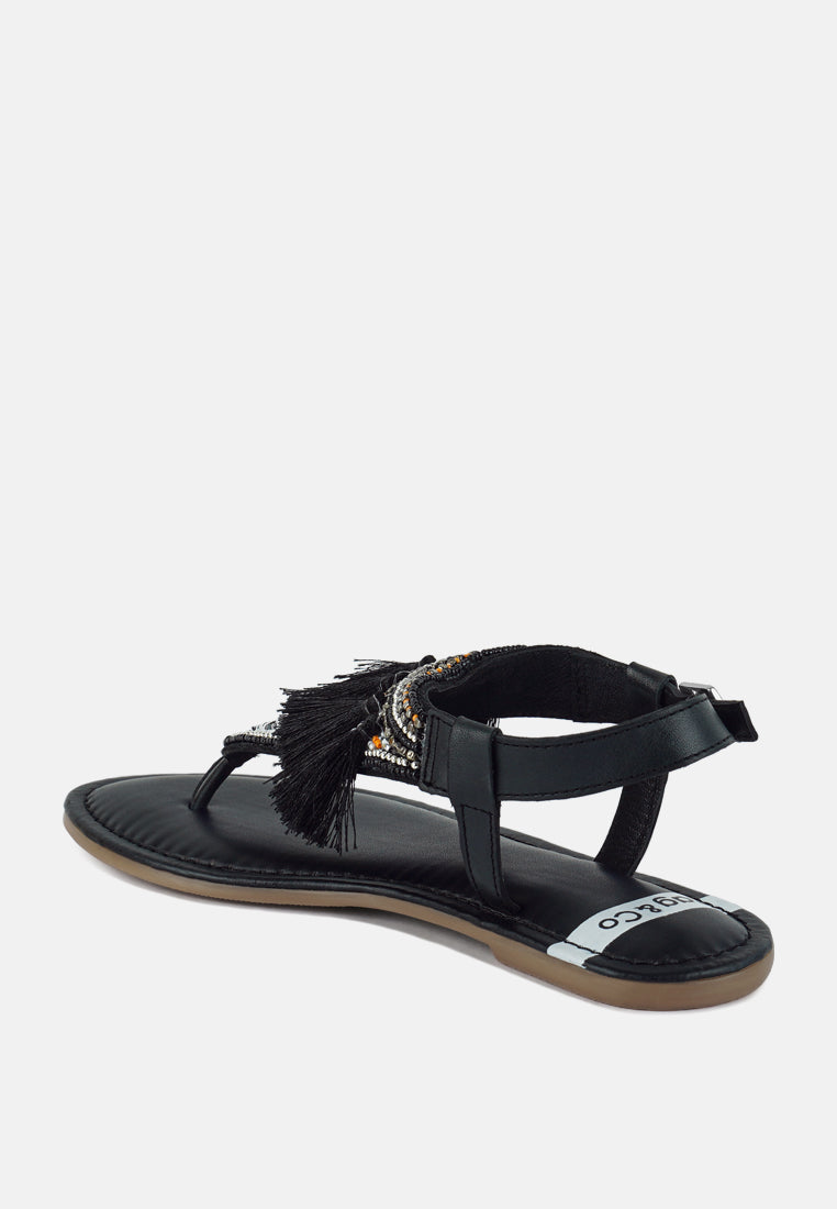 risha genuine leather tassel sandals#color_black