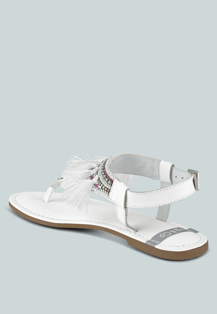 risha genuine leather tassel sandals#color_white