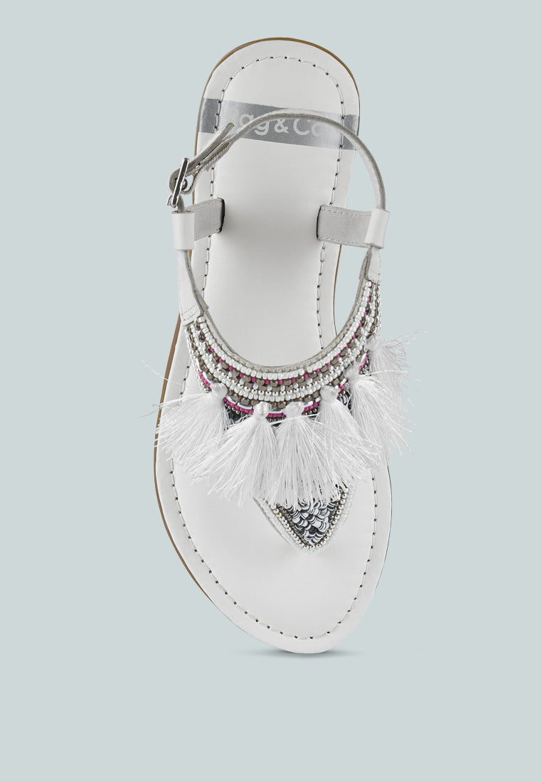 risha genuine leather tassel sandals#color_white