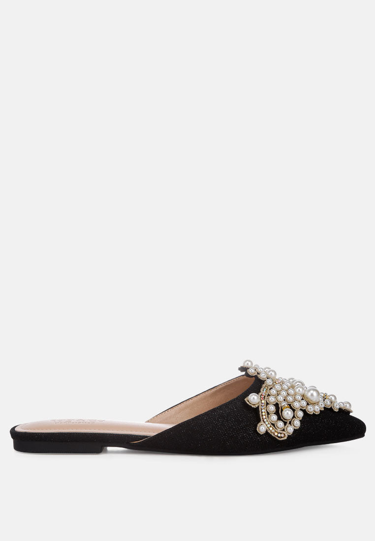 ASTRE Pearl Embellished Shimmer Mules In Black#color_black