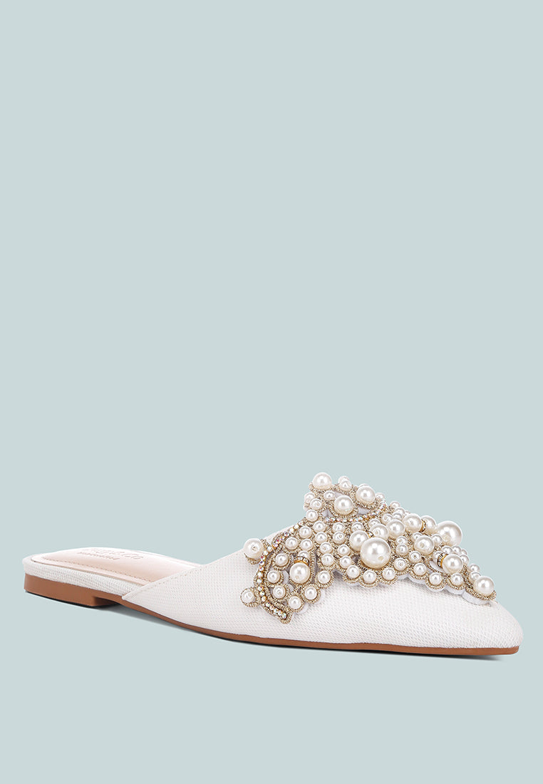 ASTRE Pearl Embellished Shimmer Mules In White#color_white