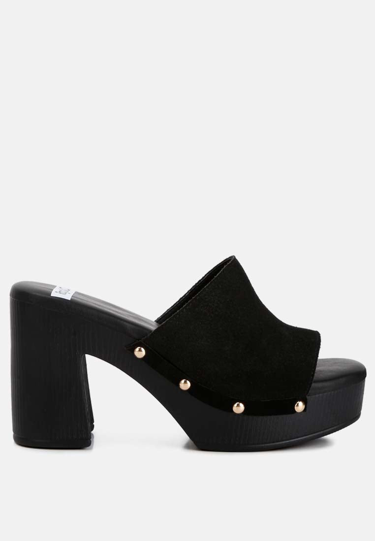 Cartera Suede High Block Heel Mules In Black#color_black