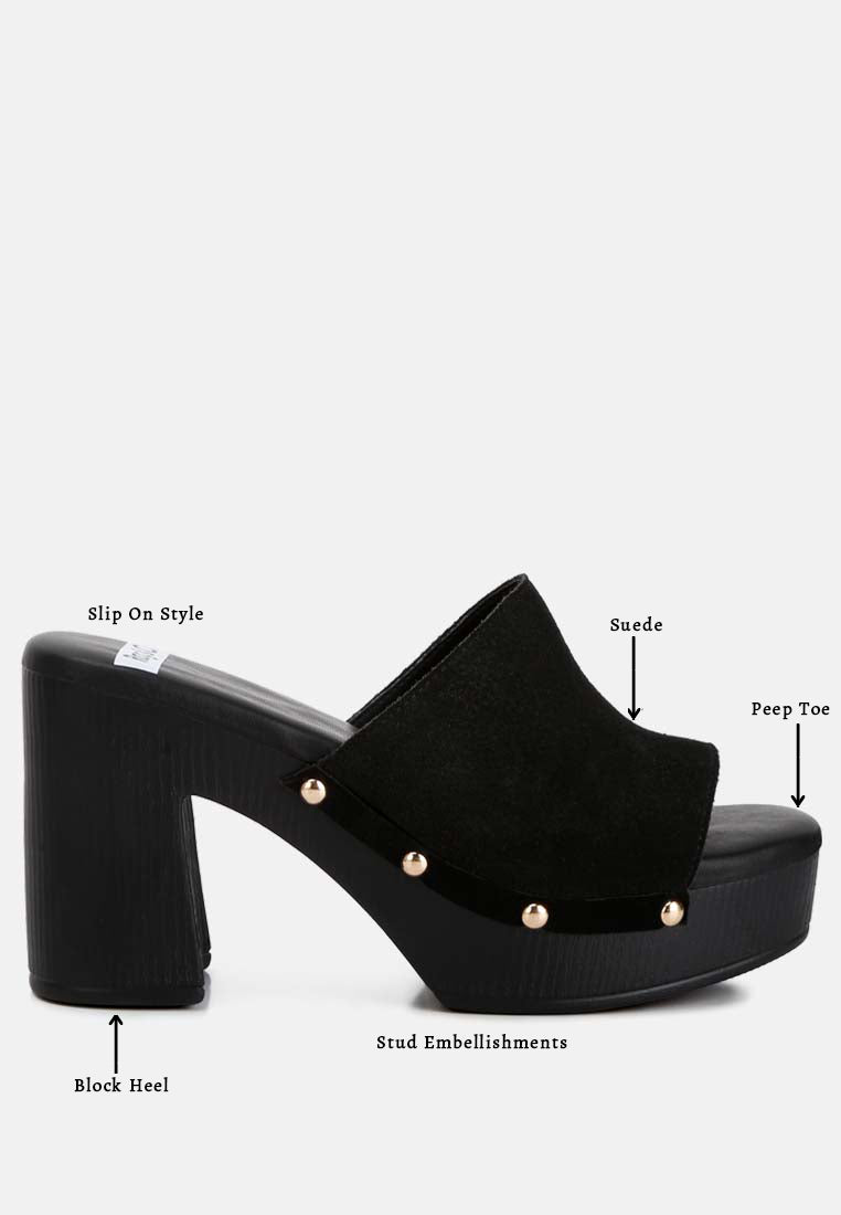 Cartera Suede High Block Heel Mules In Black#color_black
