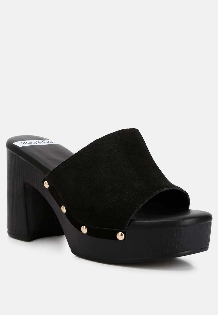 Cartera Suede High Block Heel Mules In Black#color_black