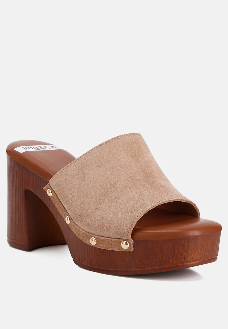 Cartera Suede High Block Heel Mules In Tan#color_tan