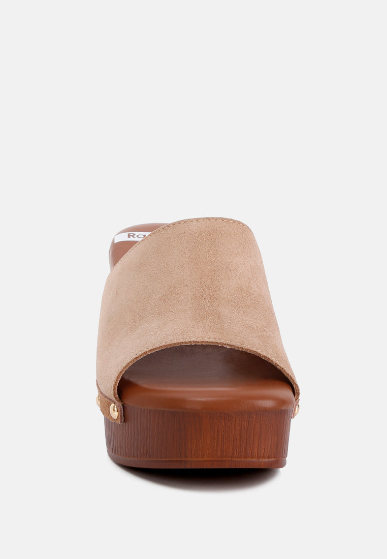 Cartera Suede High Block Heel Mules In Tan#color_tan