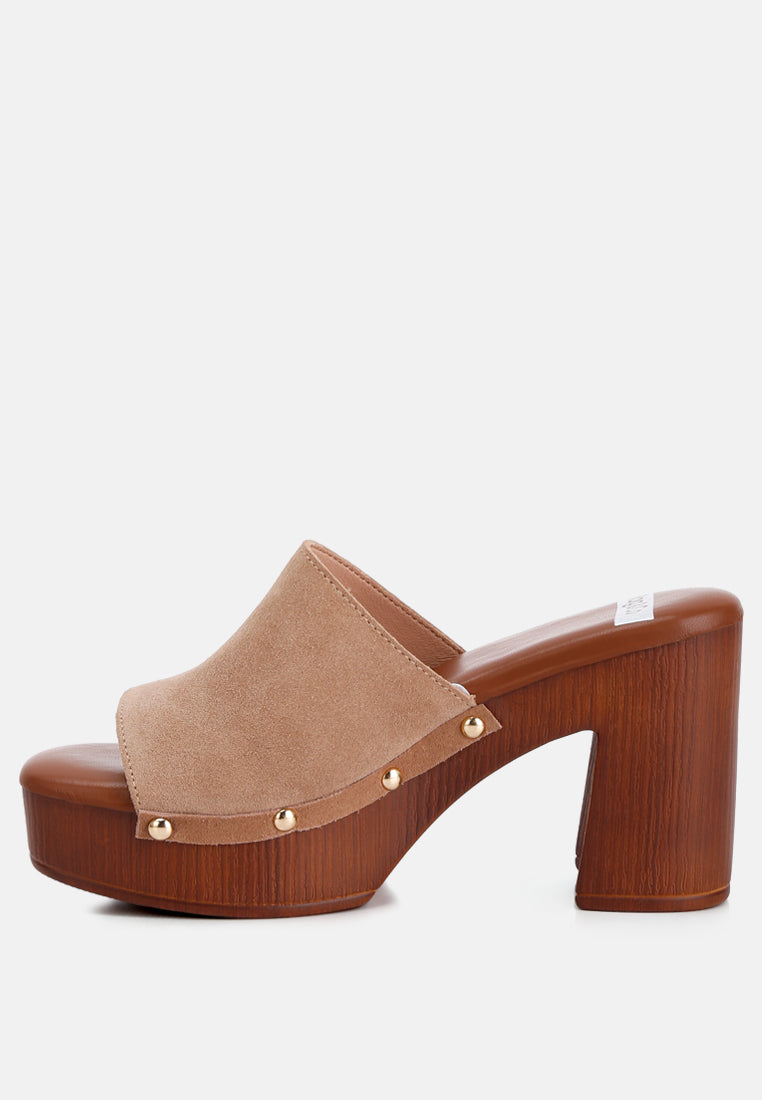 Cartera Suede High Block Heel Mules In Tan#color_tan