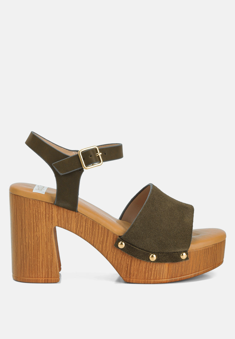 Daniela Suede High Block Sandals In Olive Green#color_olive green