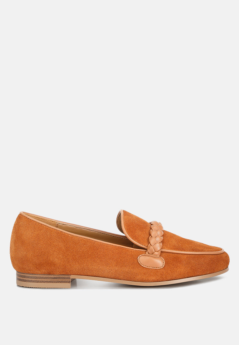 ECHO Suede Leather Braided Detail Loafers#color_tan