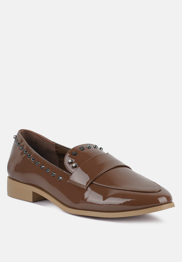 emilia tan patent stud penny loafers#color_tan