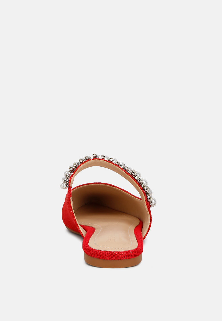 GEODE Pearl Embellished Slip On Mules In Red#color_red