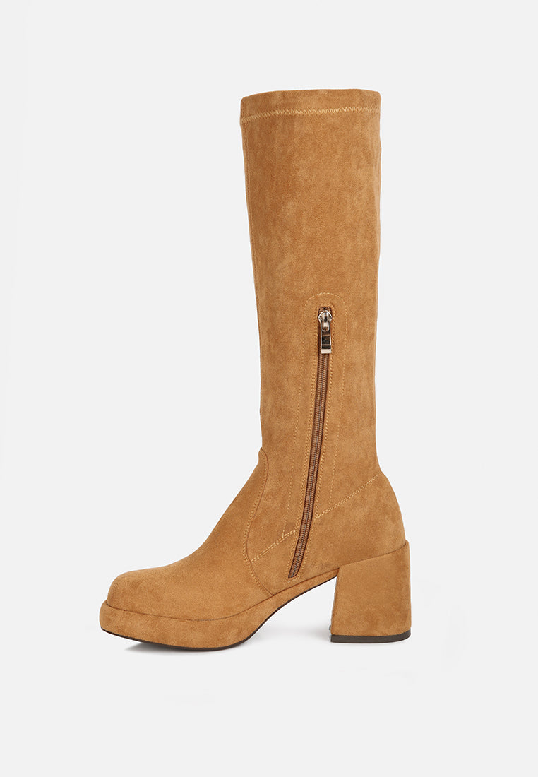 MORPIN Tan Stretch Suede Calf Boots#color_tan