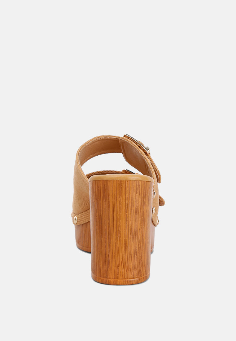 Sarai Buckle Straps High Block Heel Mules In Tan#color_tan