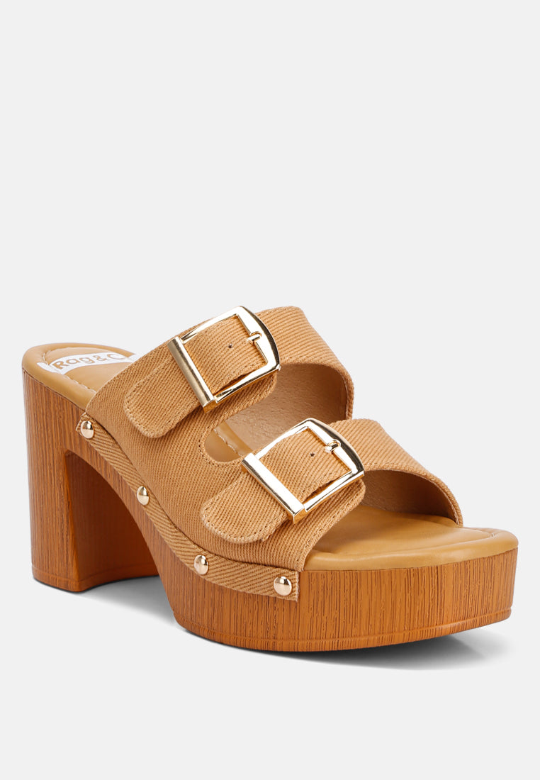 Sarai Buckle Straps High Block Heel Mules In Tan#color_tan
