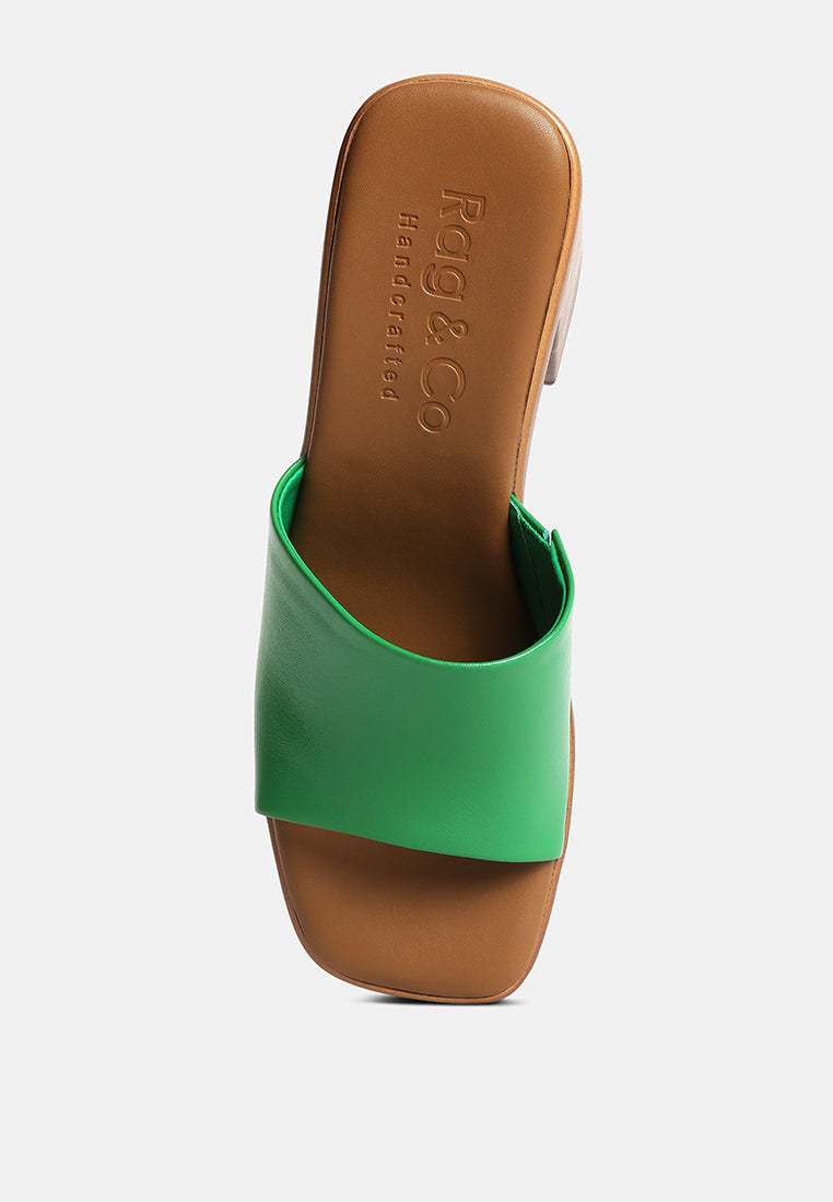 SCANDAL Slip on Block Heel Sandals in Green#color_Green