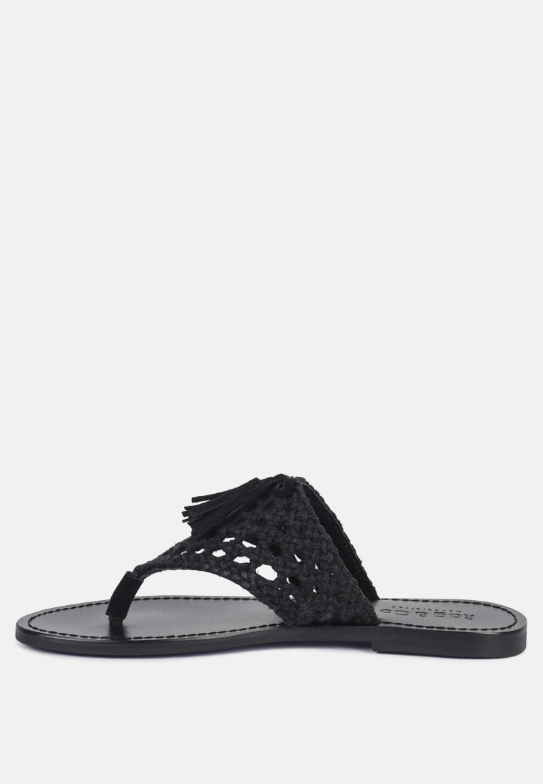 BEECH Handwoven Natural Black Suede Tassel Thong Flats_Black