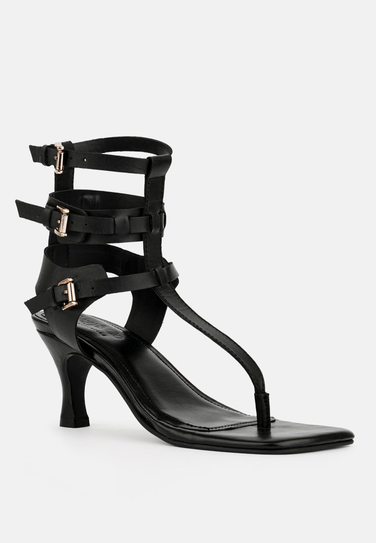 NEREID Black Kitten Heel Cut Out Gladiator Sandals_Black