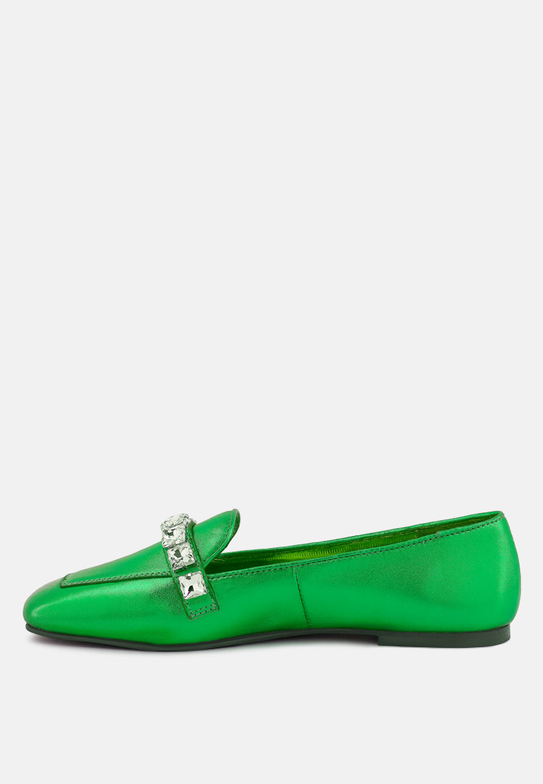 churros green metallic diamante leather loafers_green