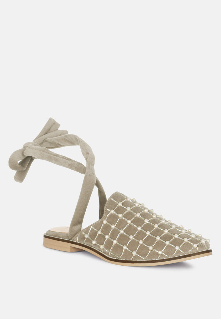 Asante Crisscross Beaded Veil Velvet Mules in Taupe-Taupe
