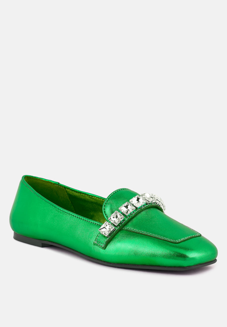 churros green metallic diamante leather loafers_green