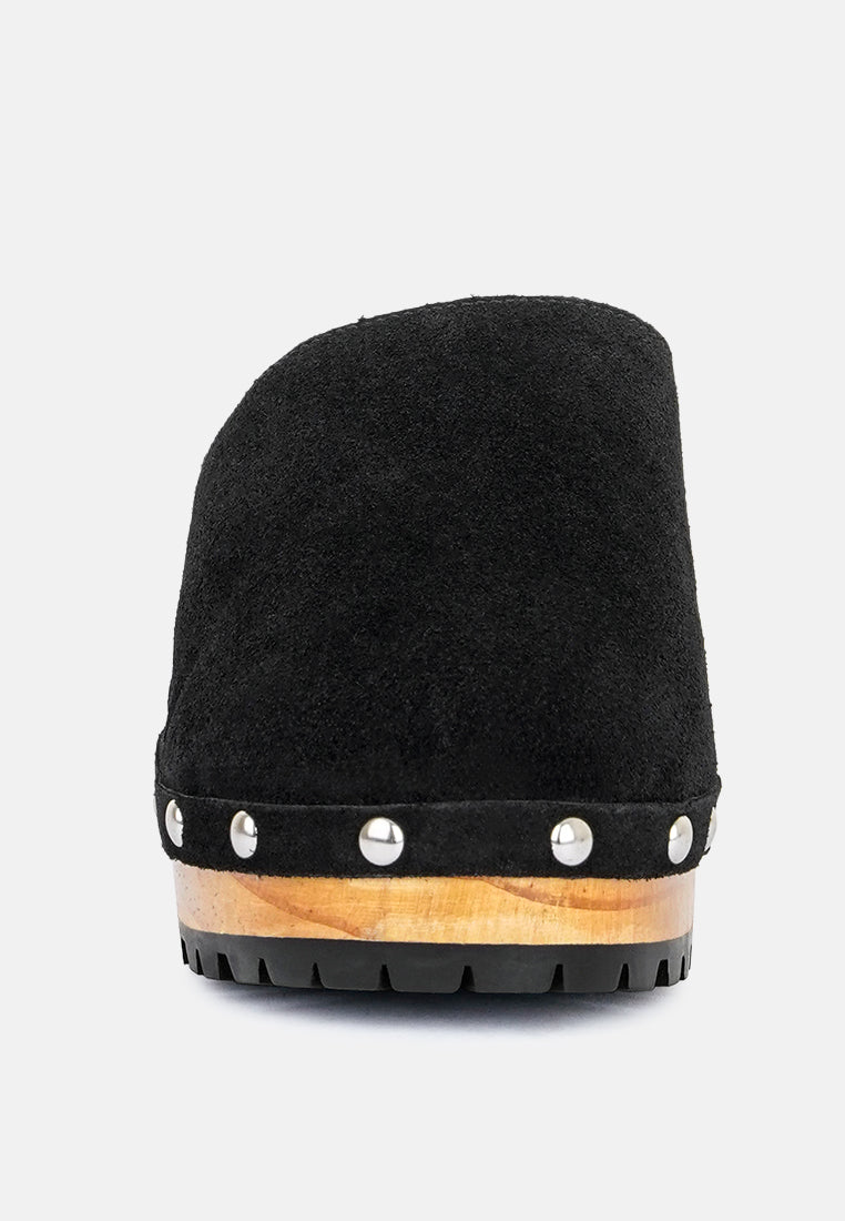 TULLEY Suede Clog Mules in Black-Black