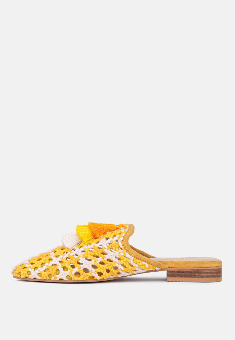MARIANA Yellow Woven Flat Mules With Tassels-Yellow