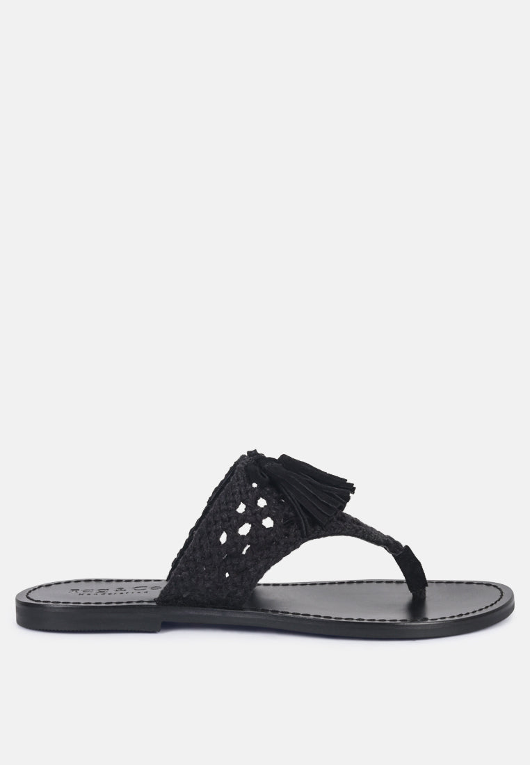 BEECH Handwoven Natural Black Suede Tassel Thong Flats_Black