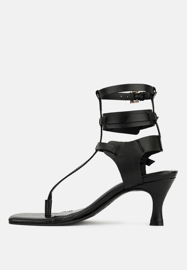 NEREID Black Kitten Heel Cut Out Gladiator Sandals_Black