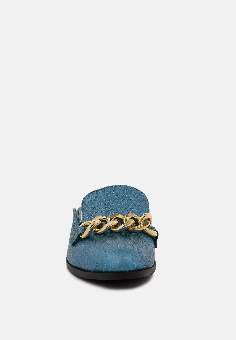 AKSA Chain Embellished Metallic Blue Leather Mules#color_blue