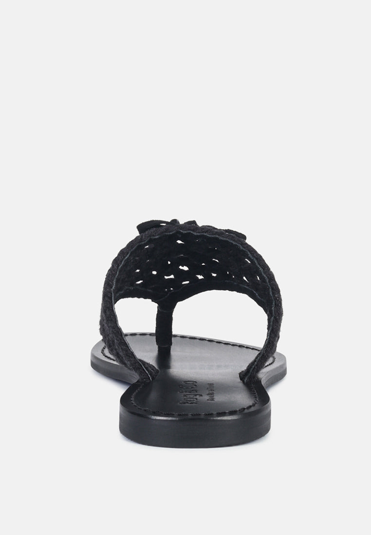 BEECH Handwoven Natural Black Suede Tassel Thong Flats_Black