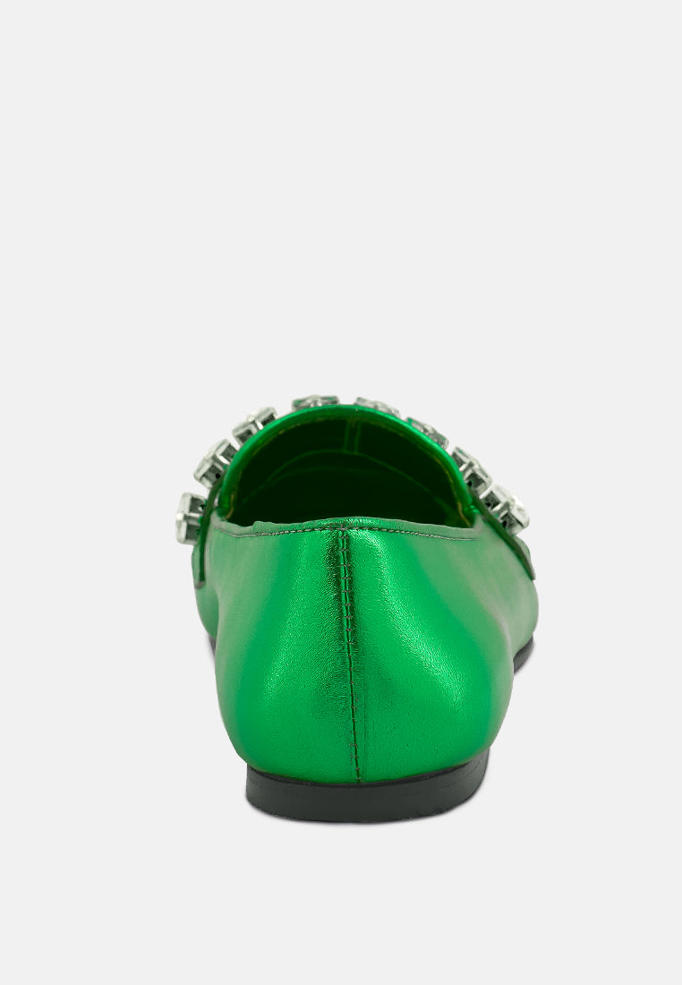 churros green metallic diamante leather loafers_green