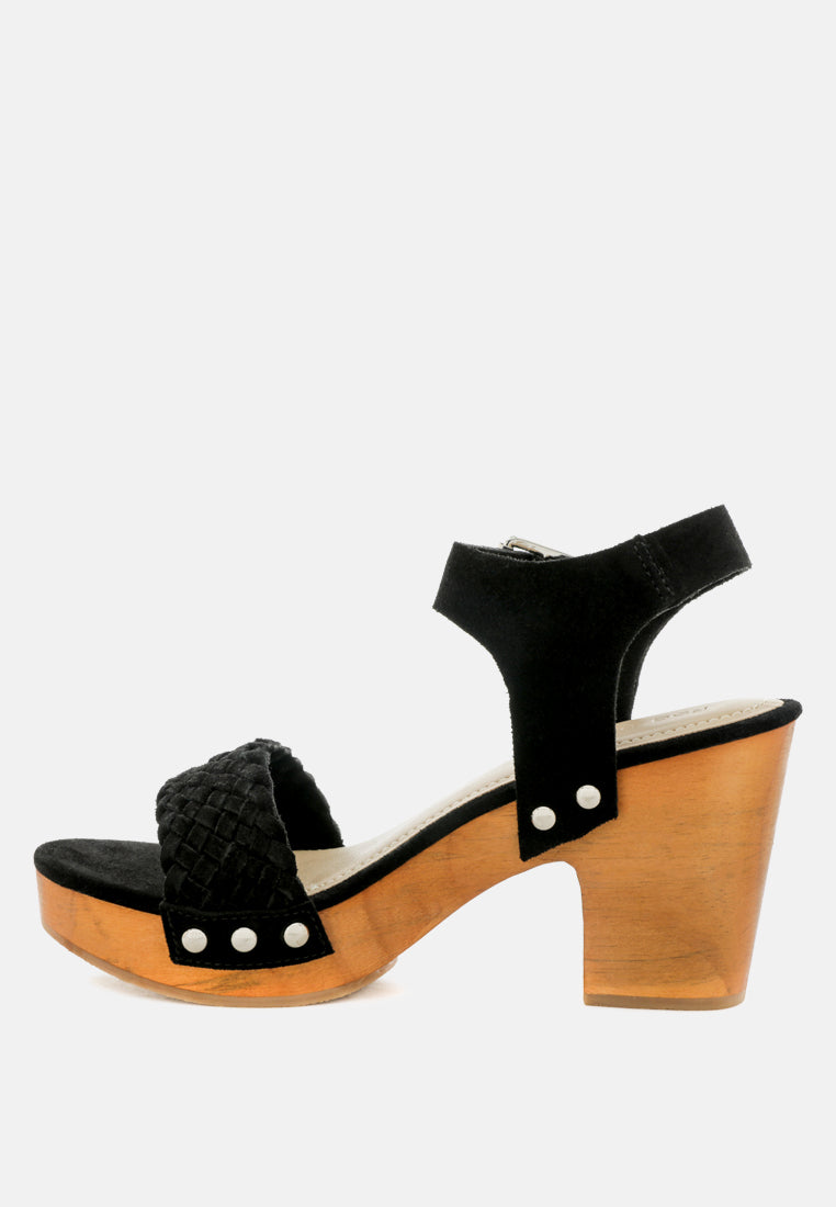 APRIL Black Wooden Clogs in Suede Weave-Black