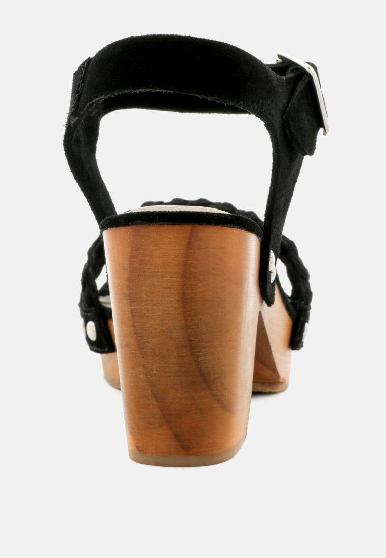 APRIL Black Wooden Clogs in Suede Weave-Black