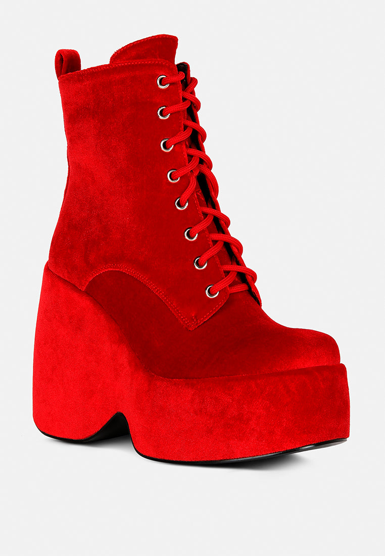 Rag & Co Ashcan Red High Platform Velvet Ankle Boots - Red - US 5