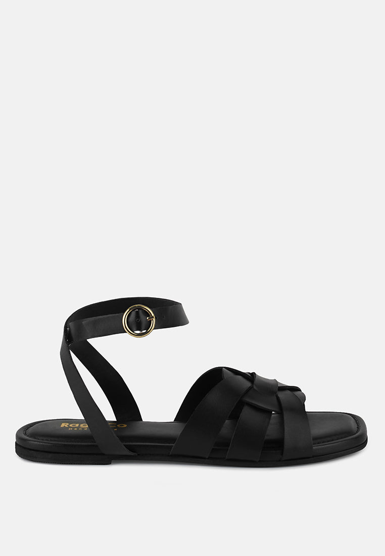 ASHTON Black Flat Ankle Strap Sandals#color_black